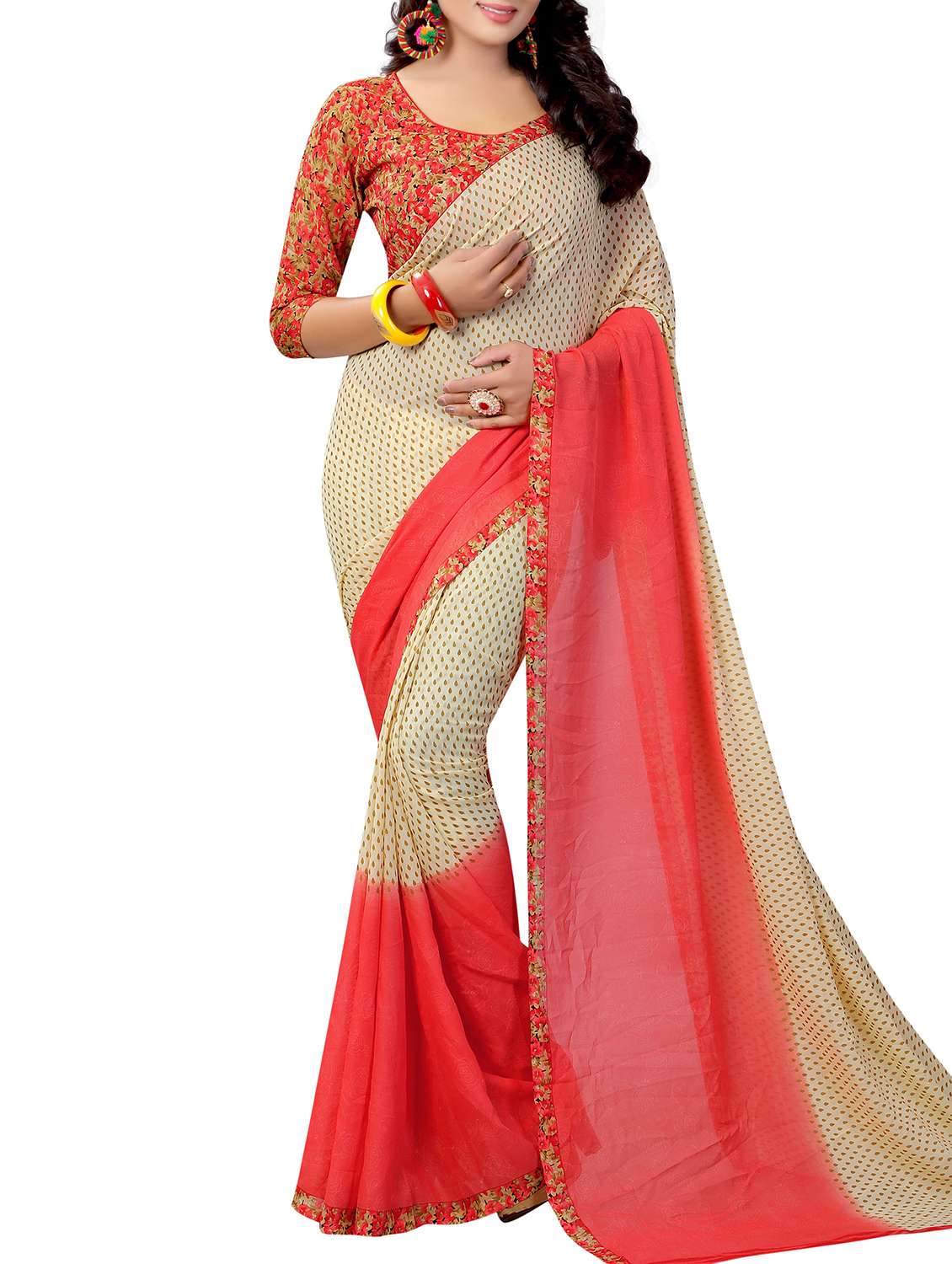 beige georgette printed saree with blouse