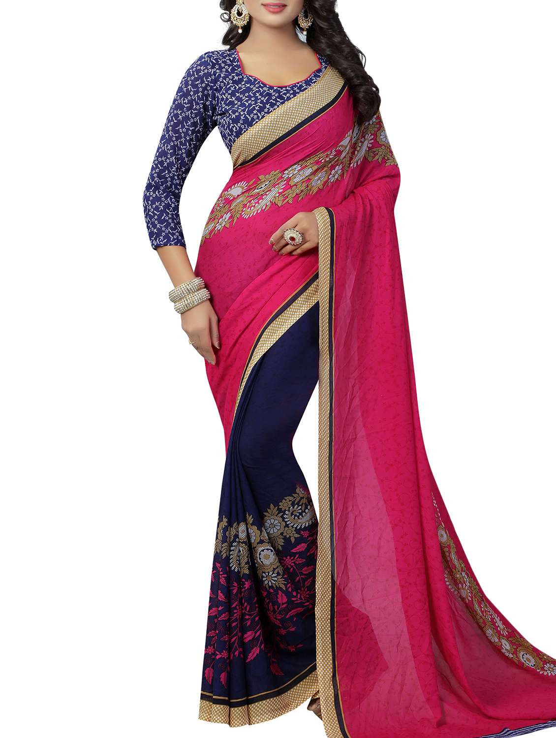 pink georgette half and half saree with blouse