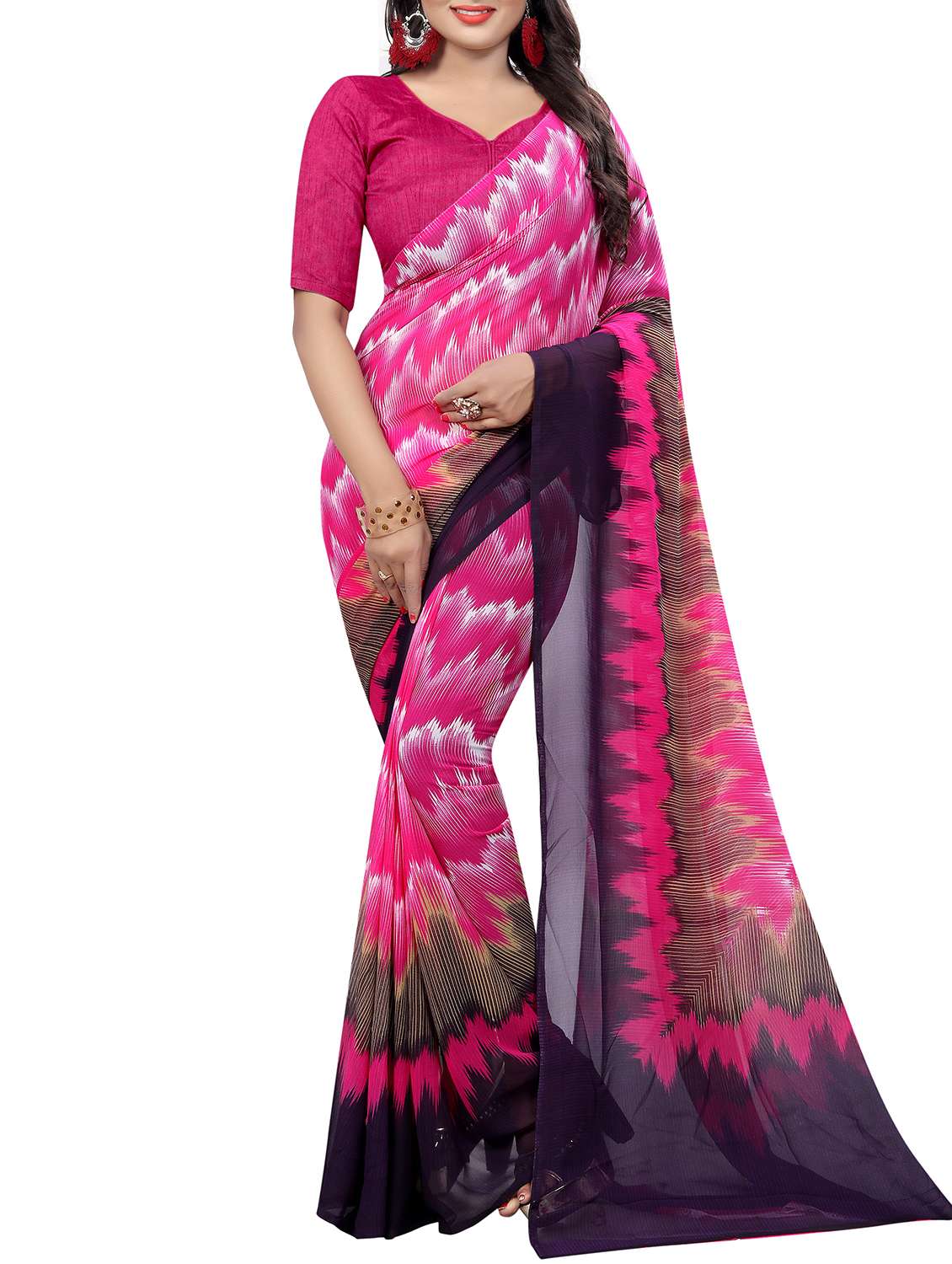 pink georgette printed saree with blouse