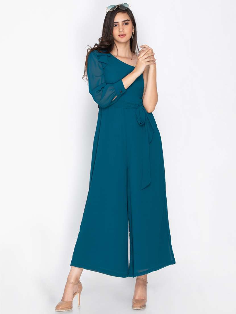 blue solid full leg jumpsuit