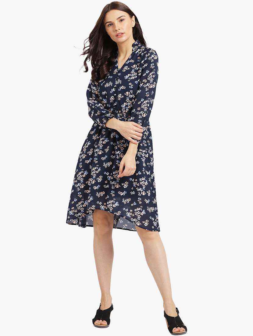 navy blue floral asymmetrical dress