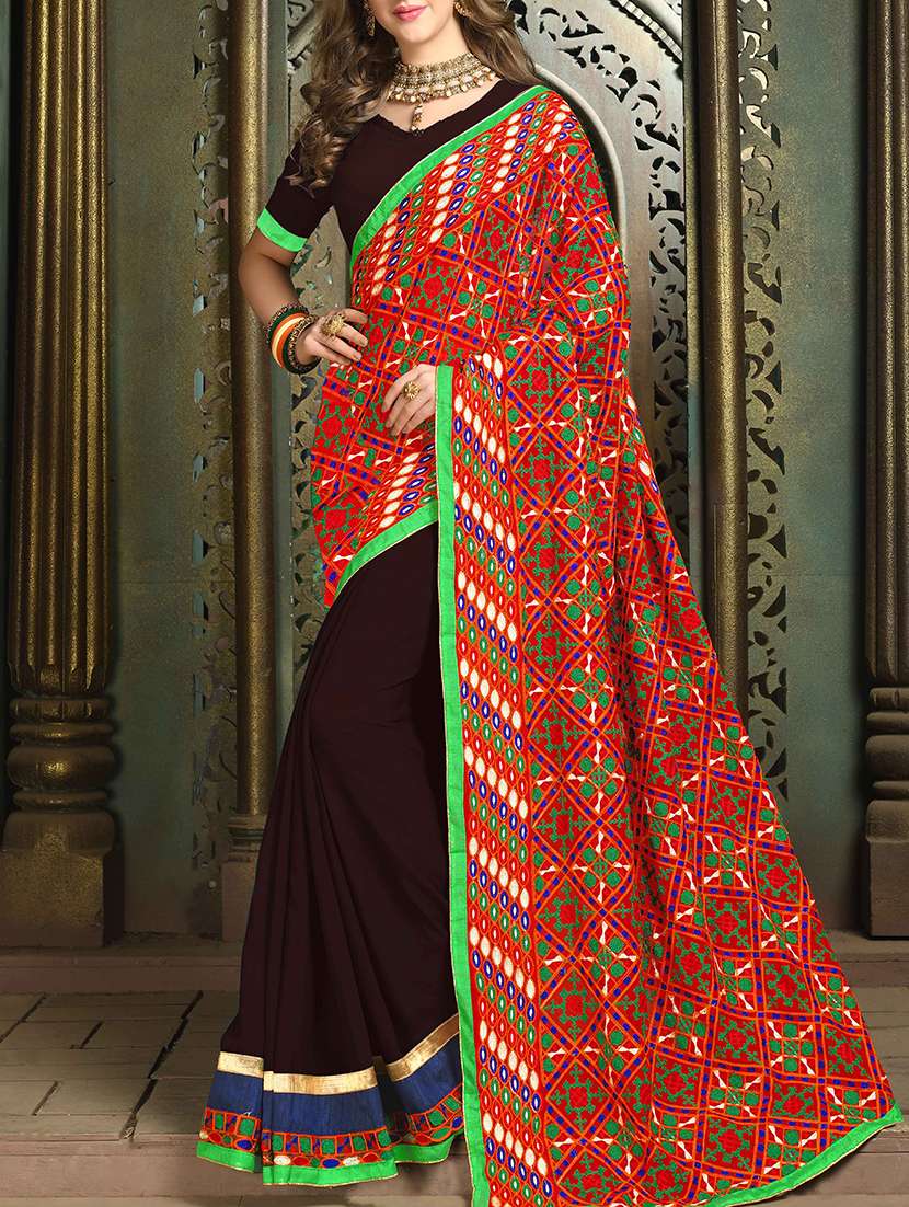 women's bordered red colored saree with blouse