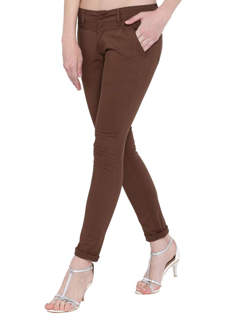 brown solid cotton  trouser - 15228068 -  Standard Image - 1