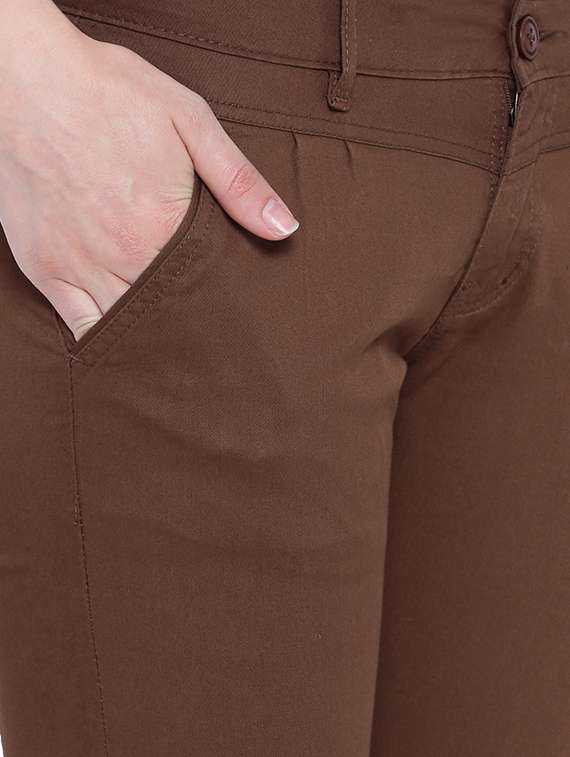 brown solid cotton  trouser - 15228068 -  Standard Image - 4