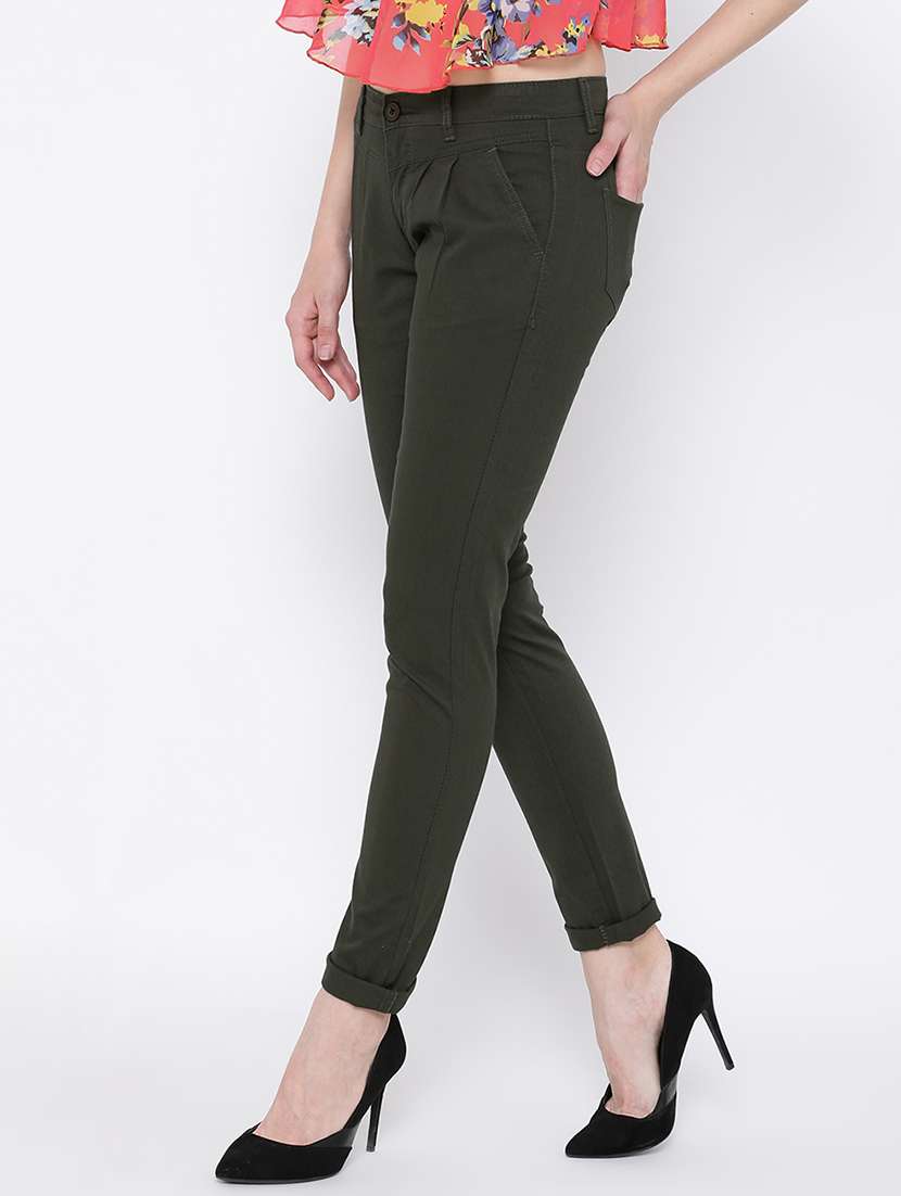 green solid cotton chinos trouser - 15228069 -  Standard Image - 1