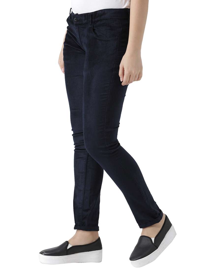 dark blue solid cotton flat front trousers - 15228084 -  Standard Image - 1