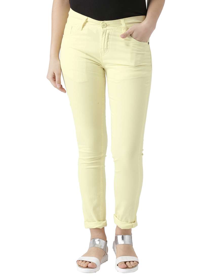 yellow solid cotton flat front trouser