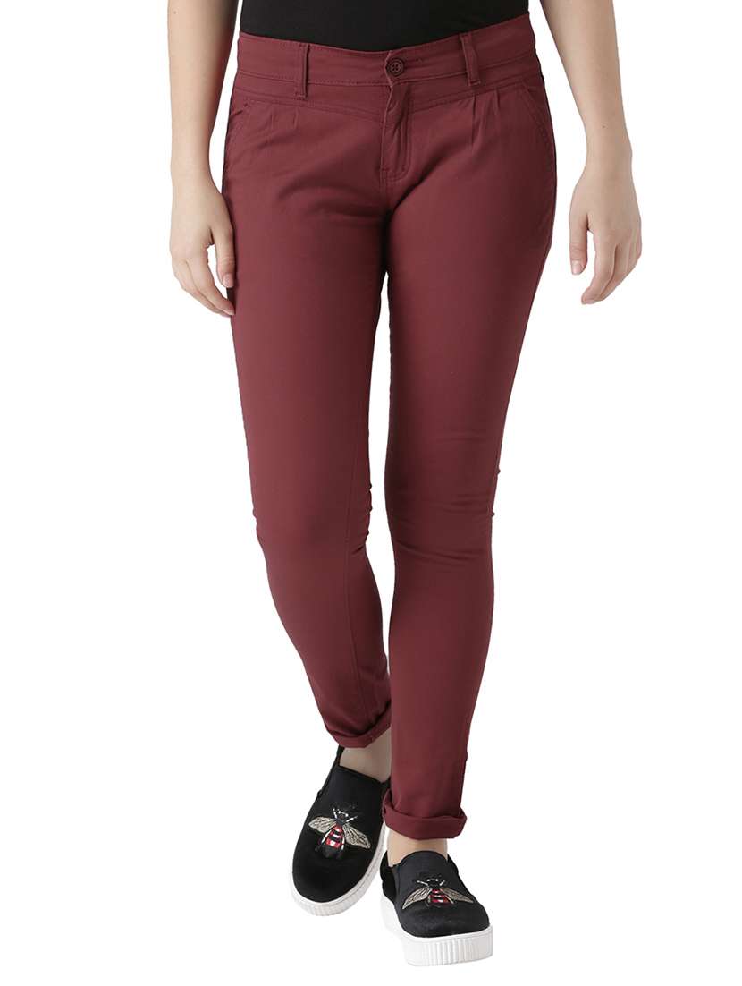 maroon solid cotton flat front trousers