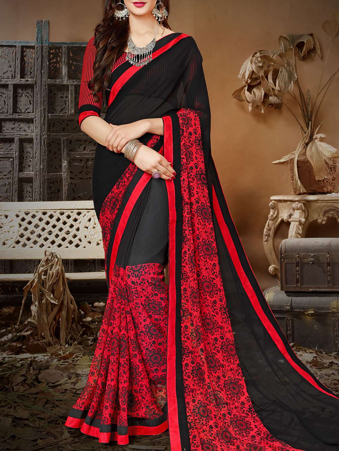 red  printed saree with blouse