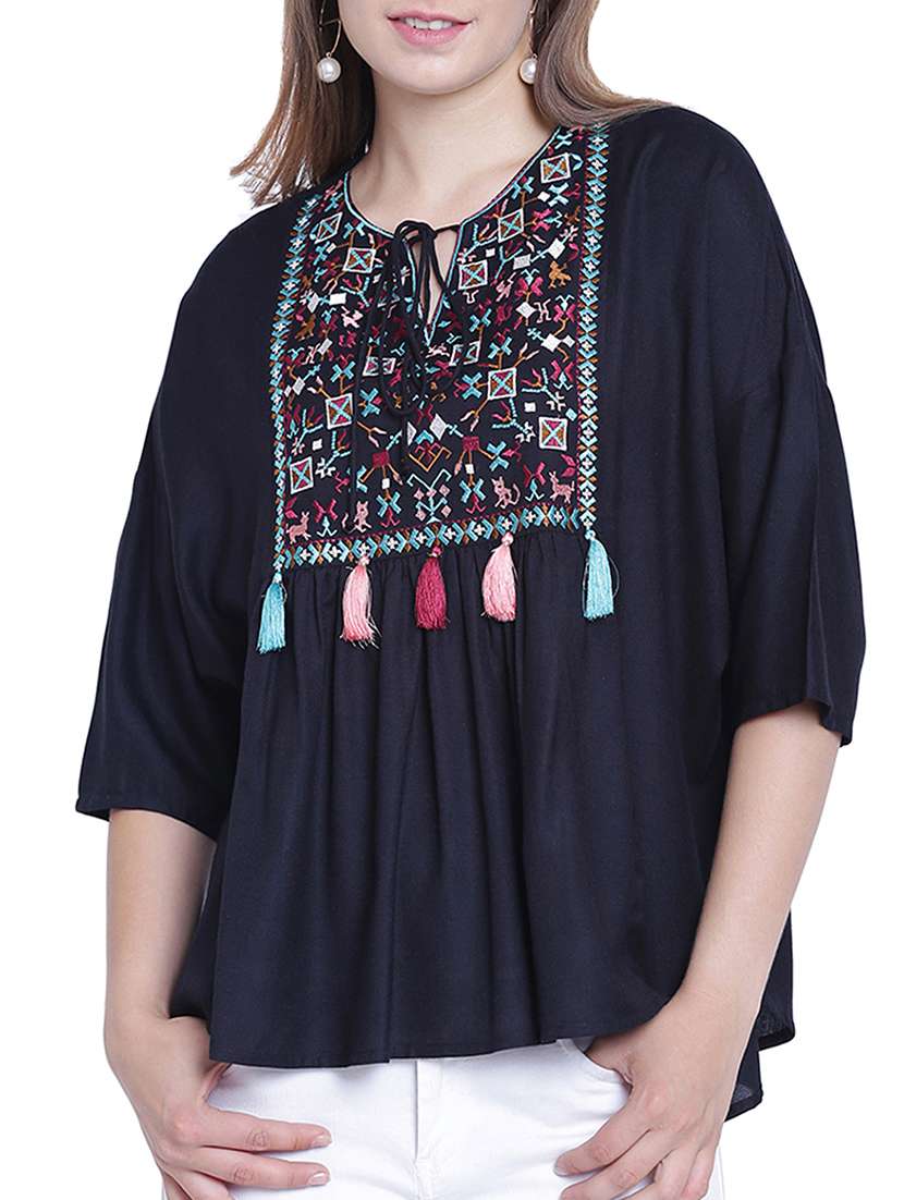 embroidered yoke tie knot neck top