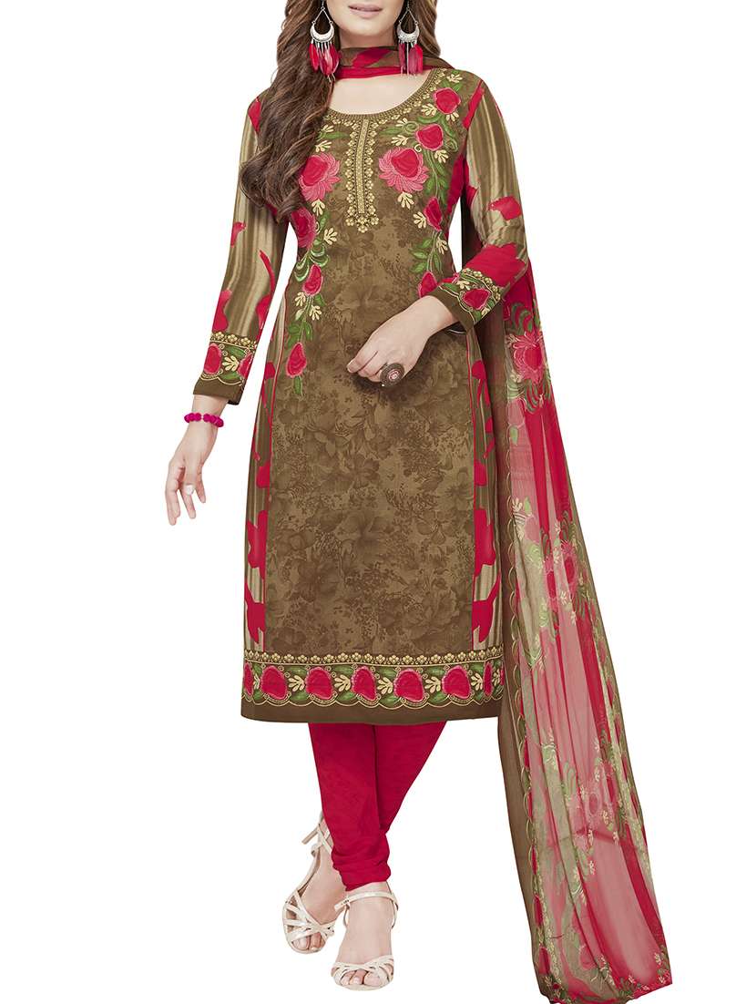 brown crepe unstitched churidaar suit