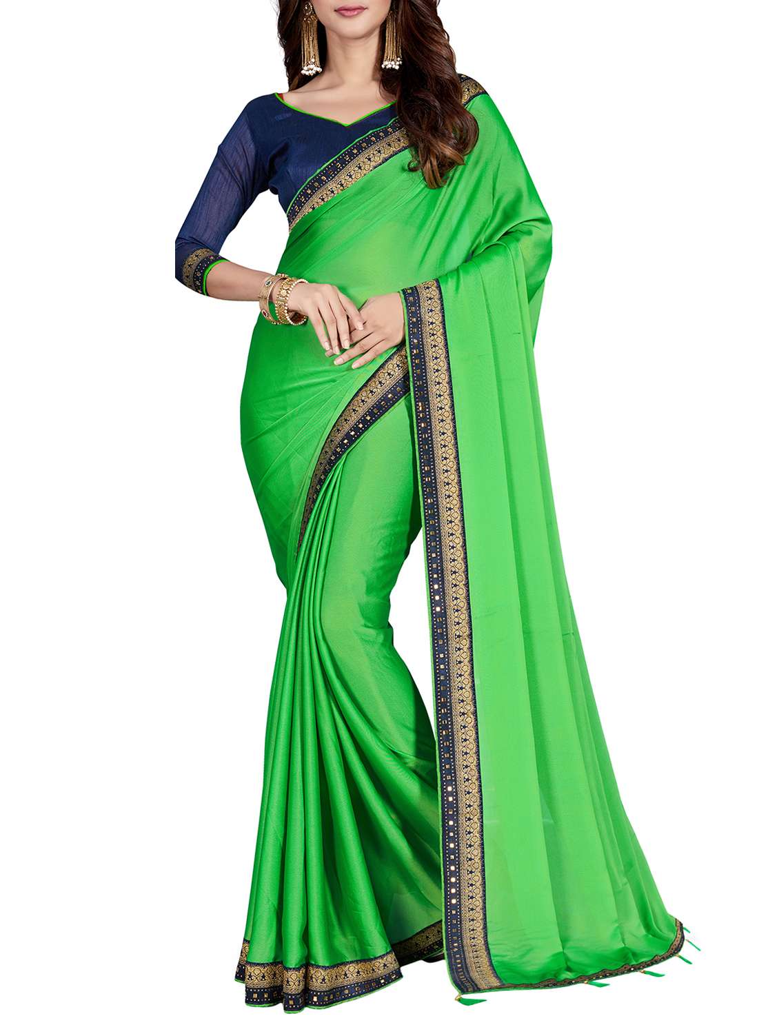 green silk blend bordered saree with blouse