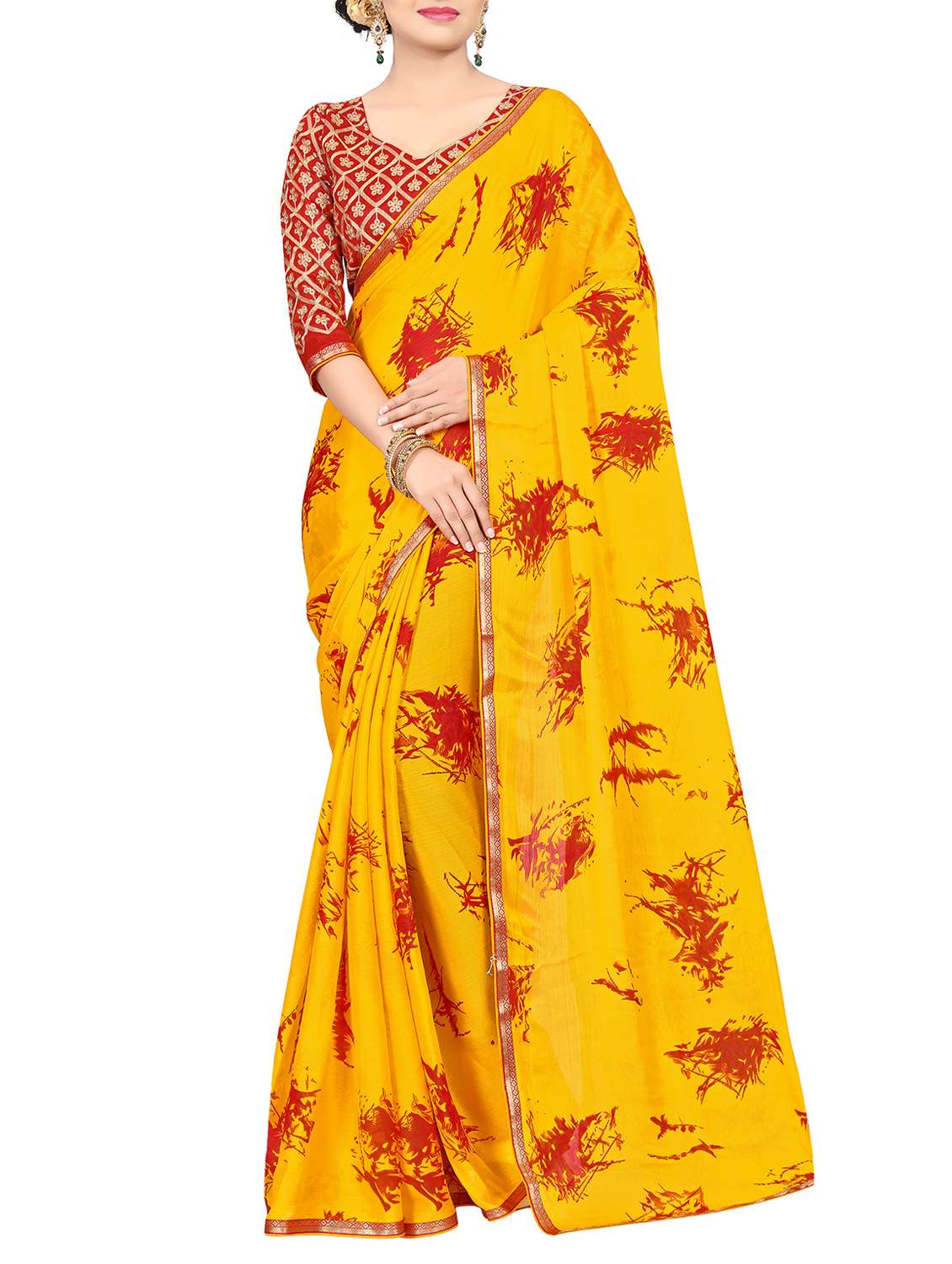 yellow silk printed saree with blouse