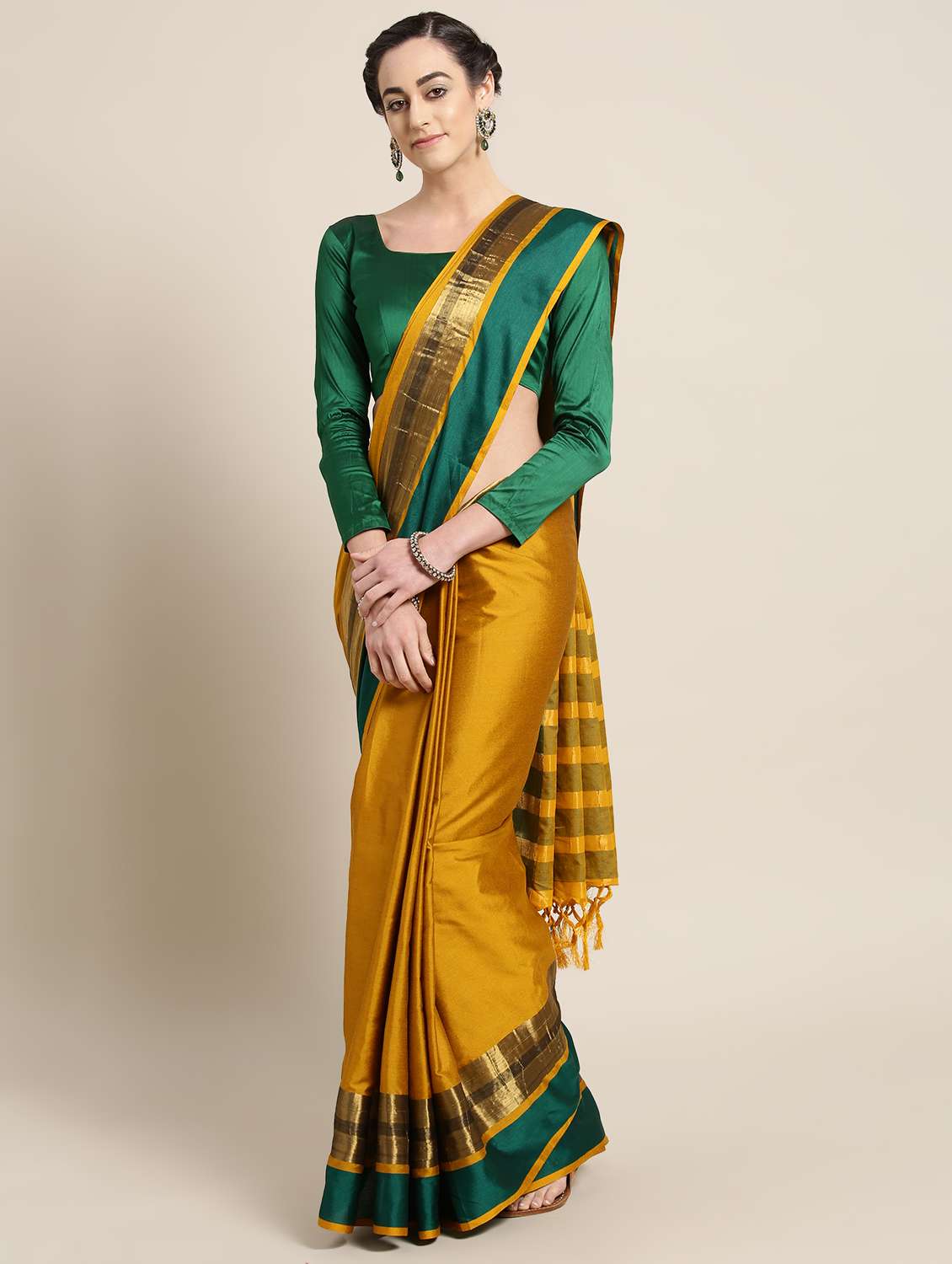 mustard cotton silk maheshwari saree with blouse