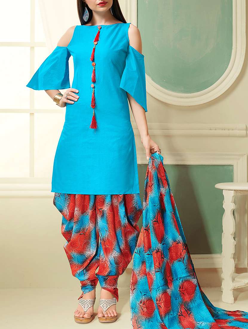 blue cotton unstitched patiyalal suit