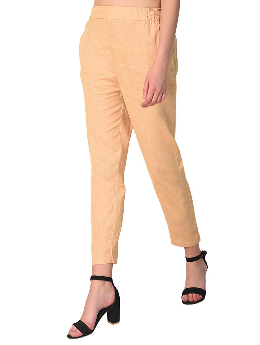 beige solid cotton flat front trouser - 15254133 - Standard Image - 1