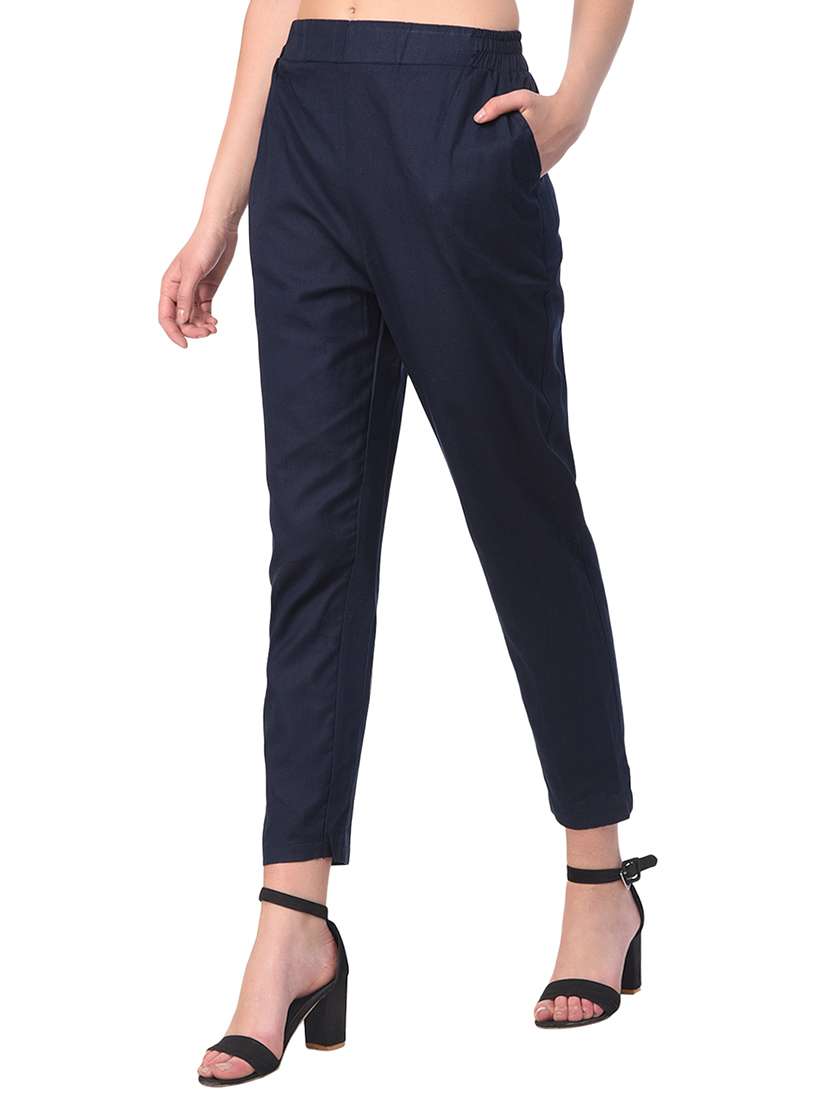 navy blue solid cotton flat front trouser - 15254143 -  Standard Image - 1