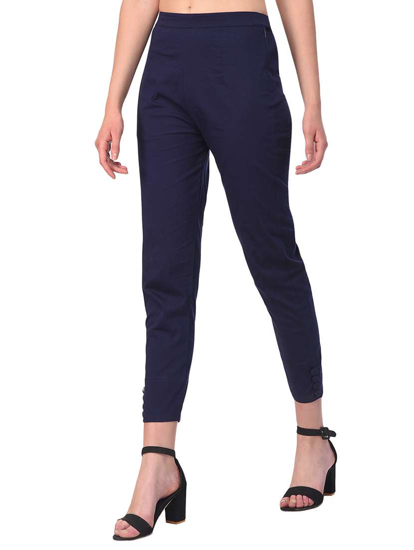dark blue solid flat front trouser - 15254233 - Standard Image - 1