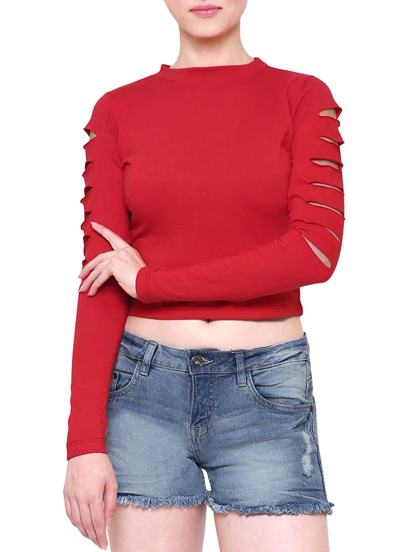 red solid cotton cut out crop top