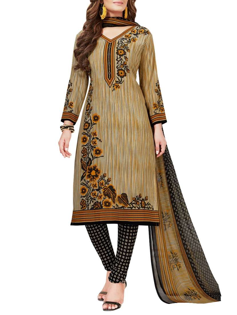 brown synthetic unstitched churidaar suit