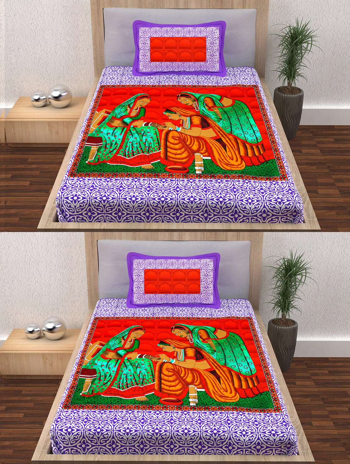 120 tc 100% cotton traditional rajashtani 2 single bedsheet with 2 pillow cover