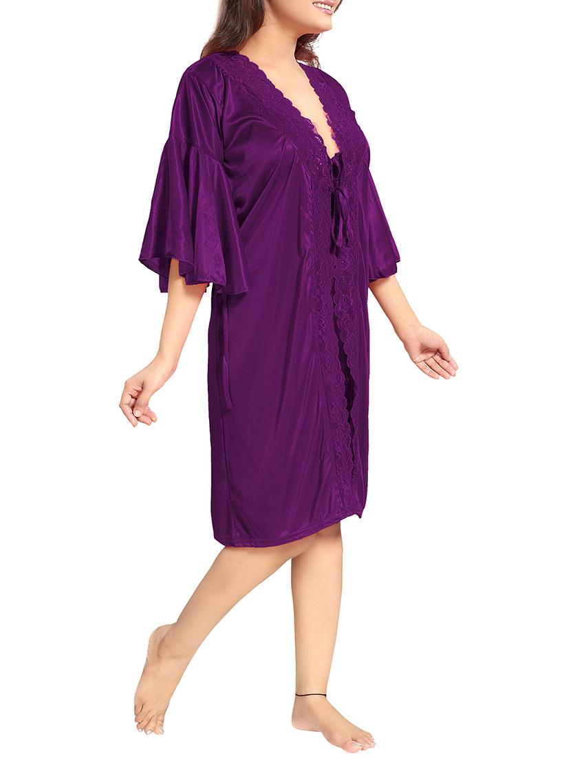purple lace detail solid sleepwear robe set - 15256082 - Standard Image - 6