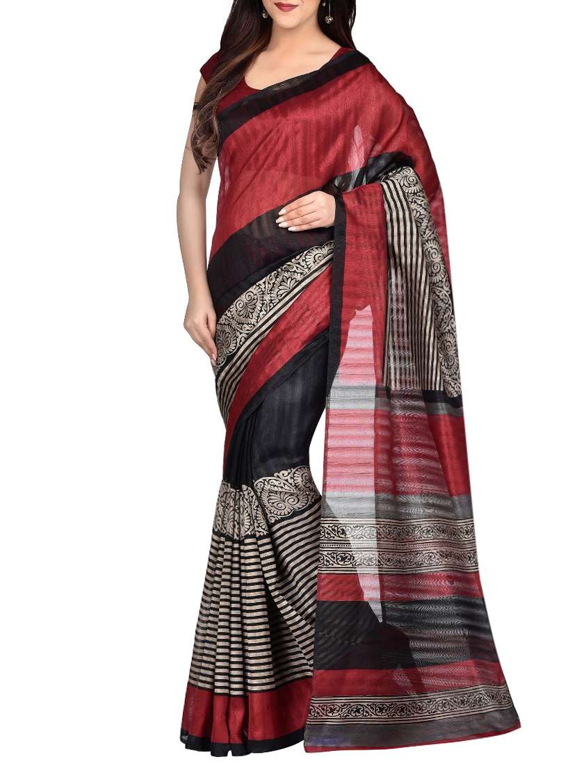 contrast border striped printed saree with blouse