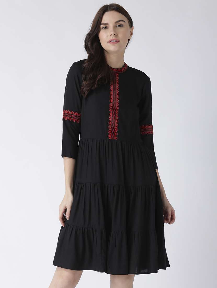 black viscose a-line tiered dress