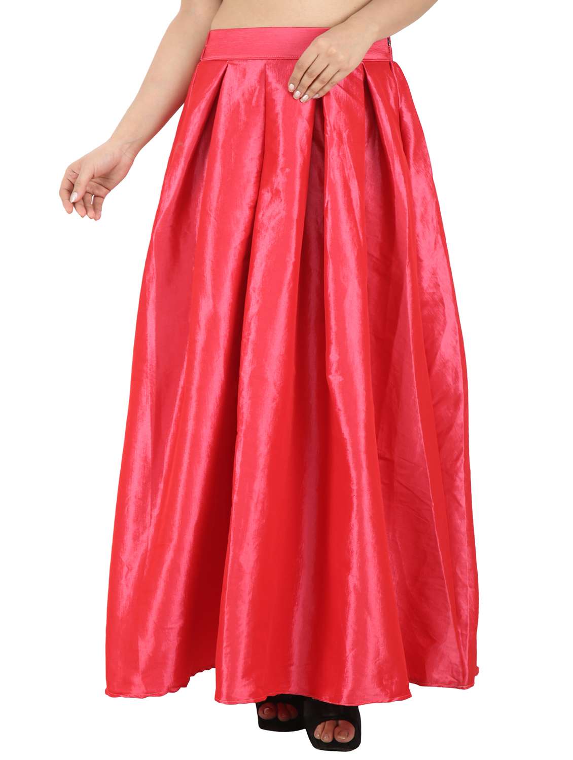 red silk flared skirt