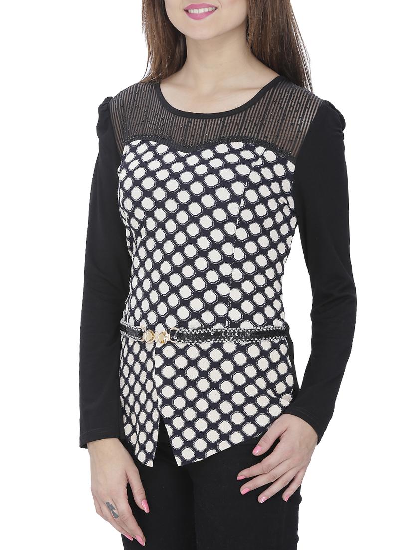 mesh embellished yoke printed top - 15263452 -  Standard Image - 1