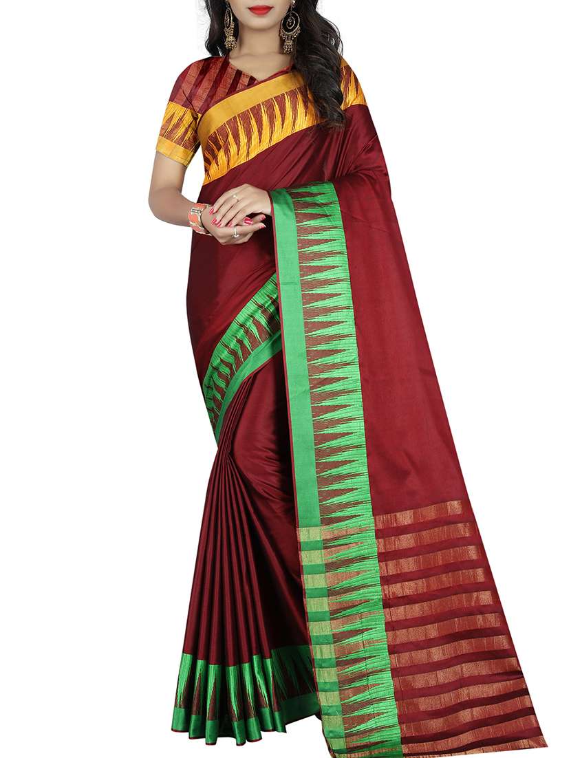 maroon cotton bordered saree with blouse