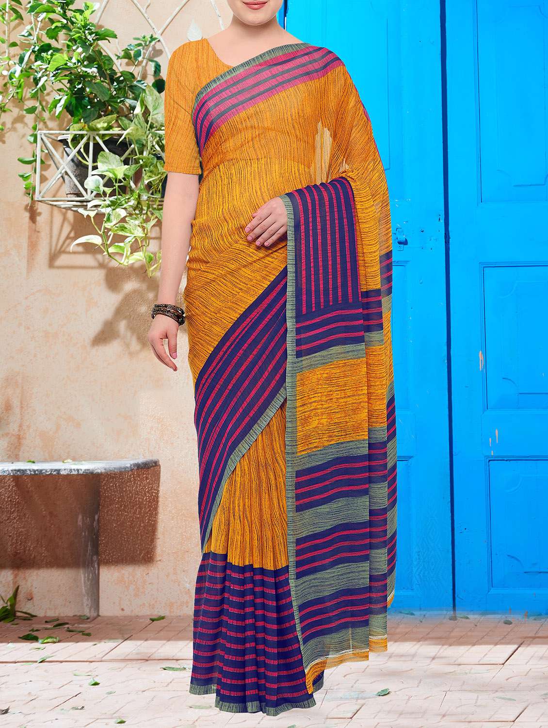 stripes bordered printed saree with blouse