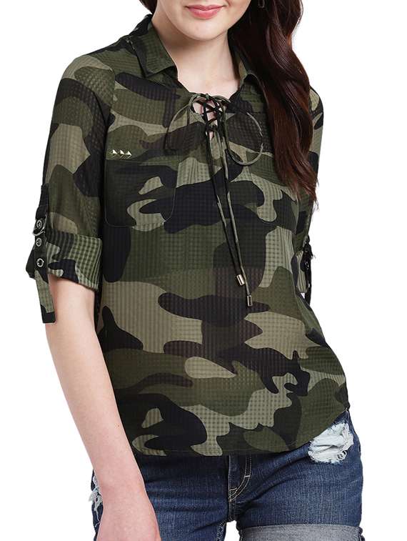 camouflage tie knot neck top