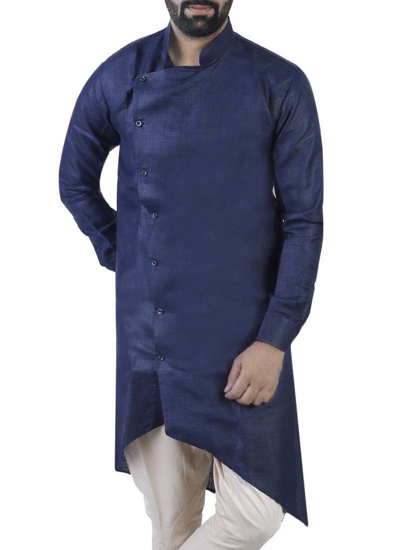 men blue cotton asymmetric kurta