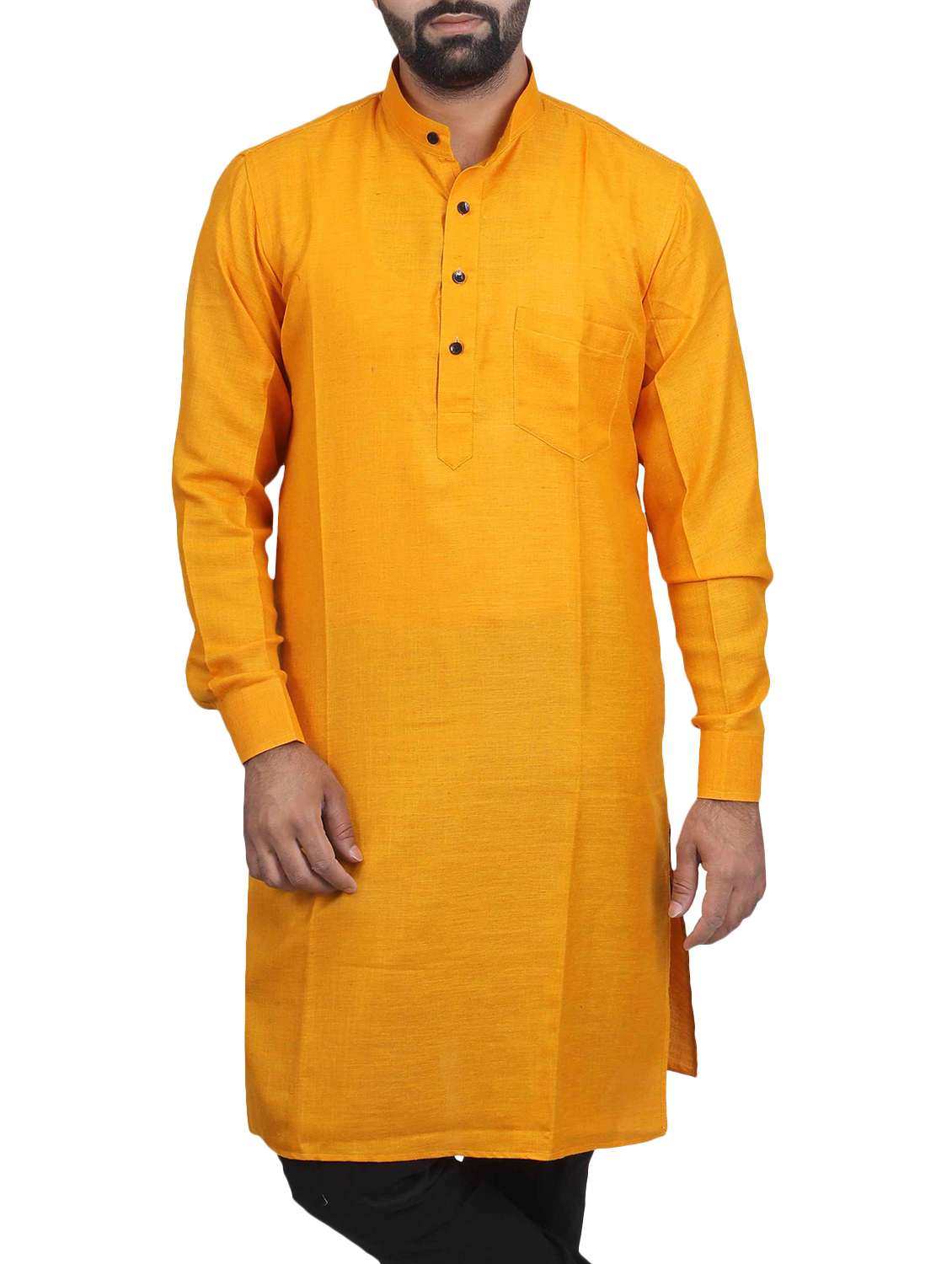 yellow solid mandarin neck long kurta