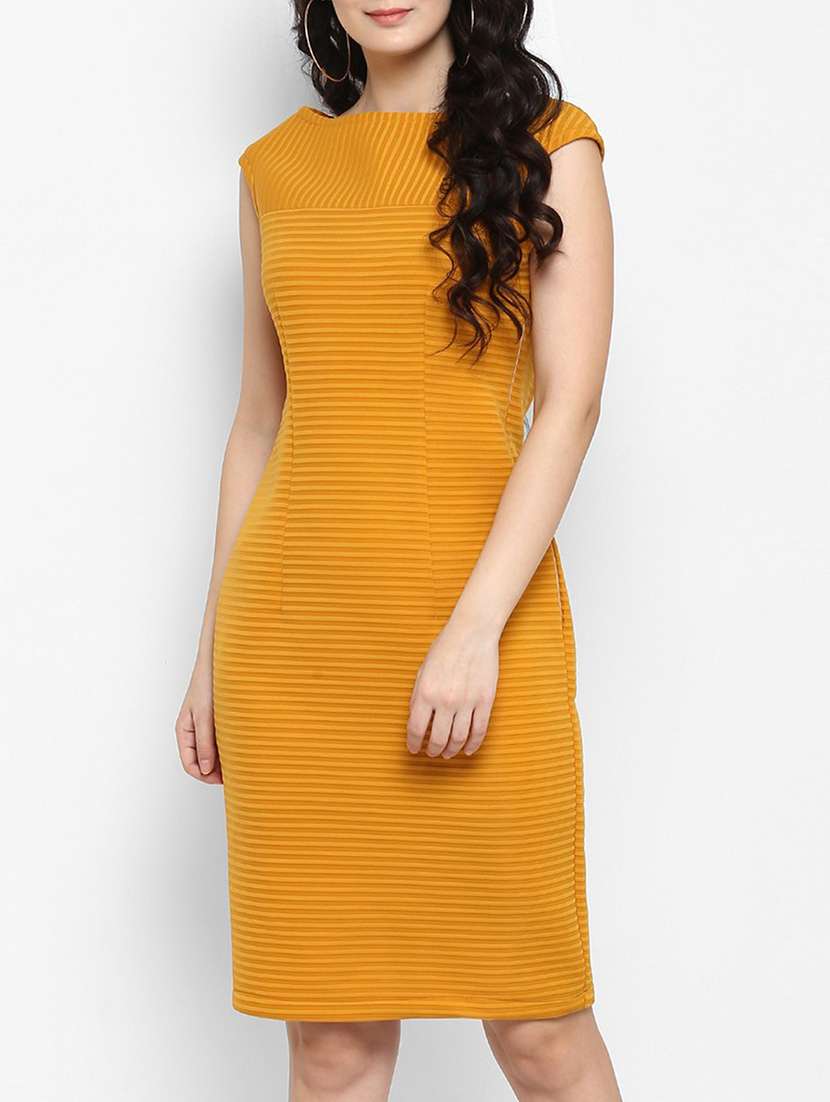 yellow solid self striped dress