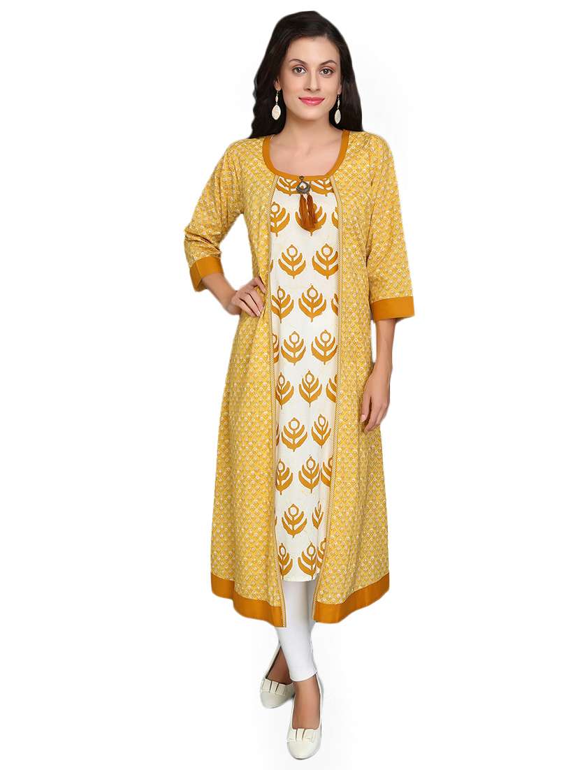 yellow cotton layered kurta