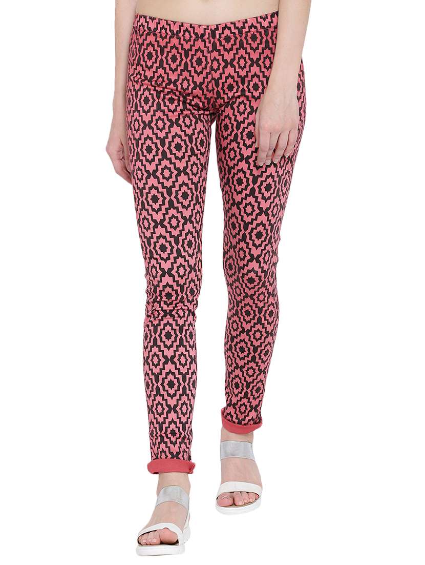 pink printed cotton jeggings