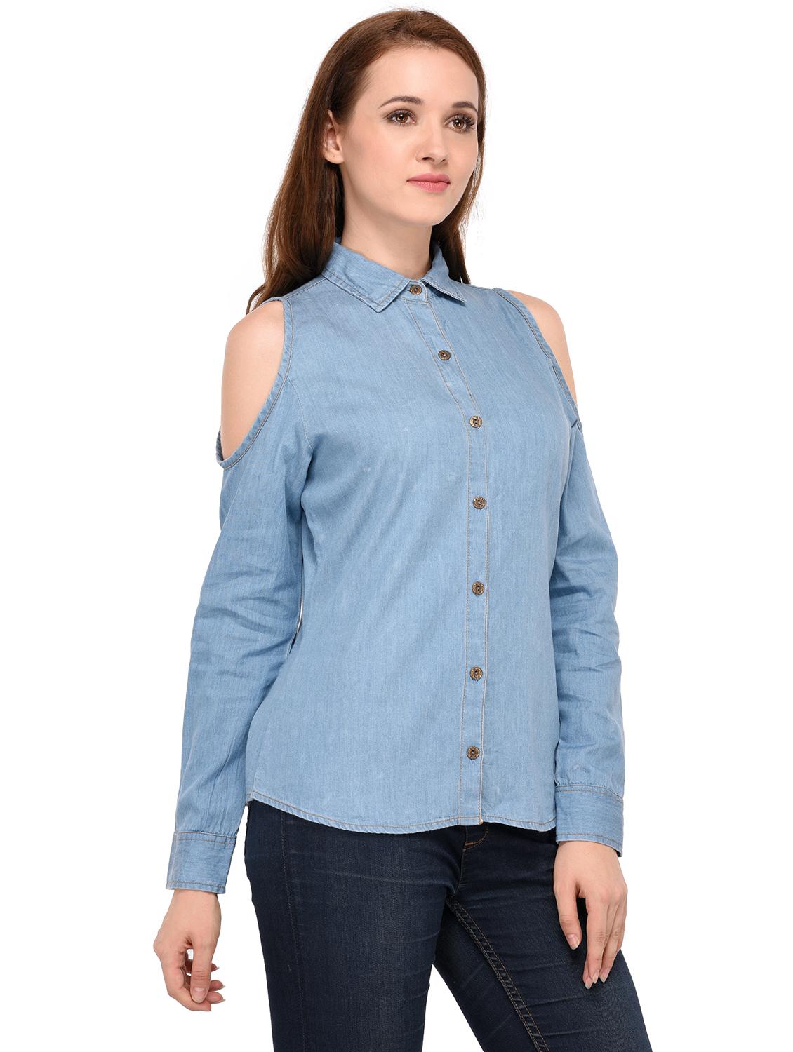 light blue solid denim cold shoulder shirt - 15280816 - Standard Image - 1