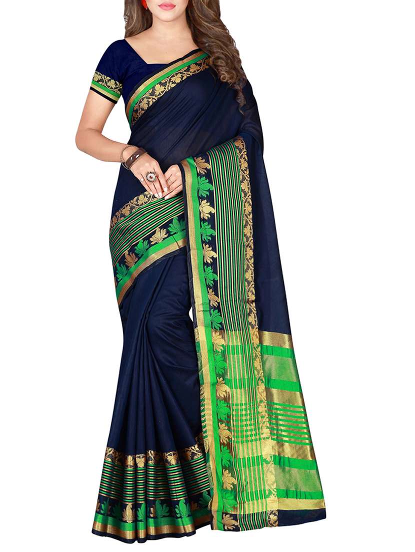 blue cotton blend bordered saree with blouse
