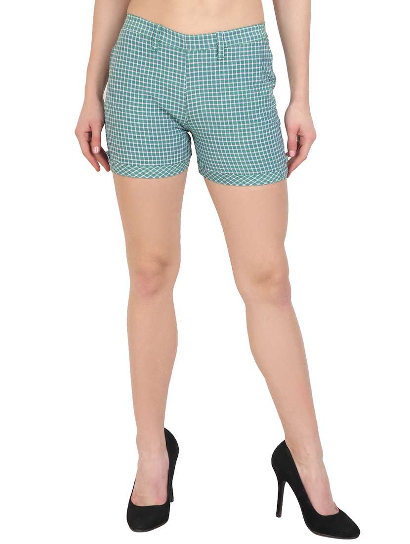 green checkered cotton shorts