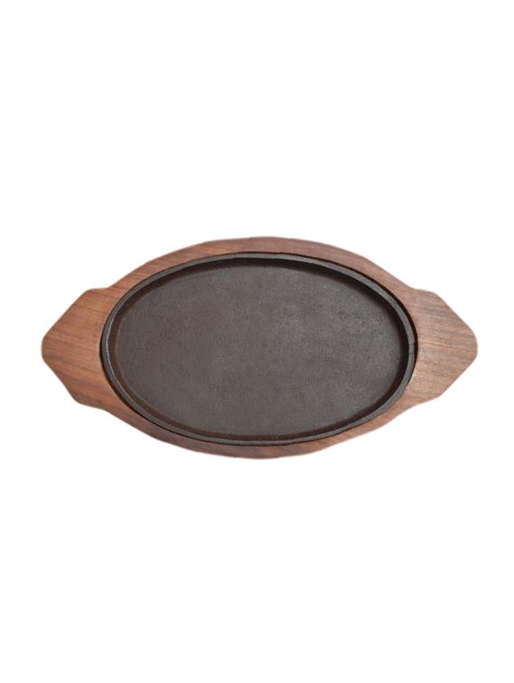 wodden sizzler plate with oval base ,13"x7", brown, 2 piece