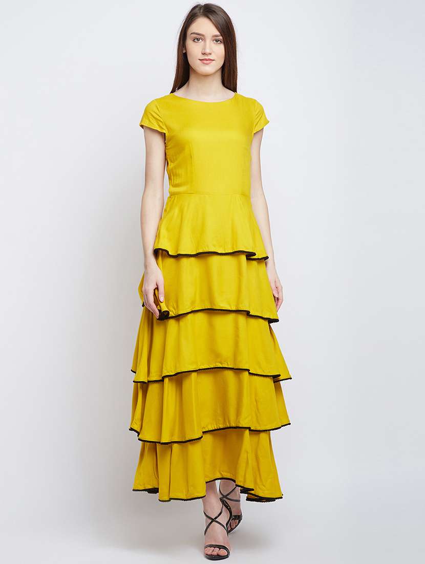 yellow solid viscose tiered layered dress