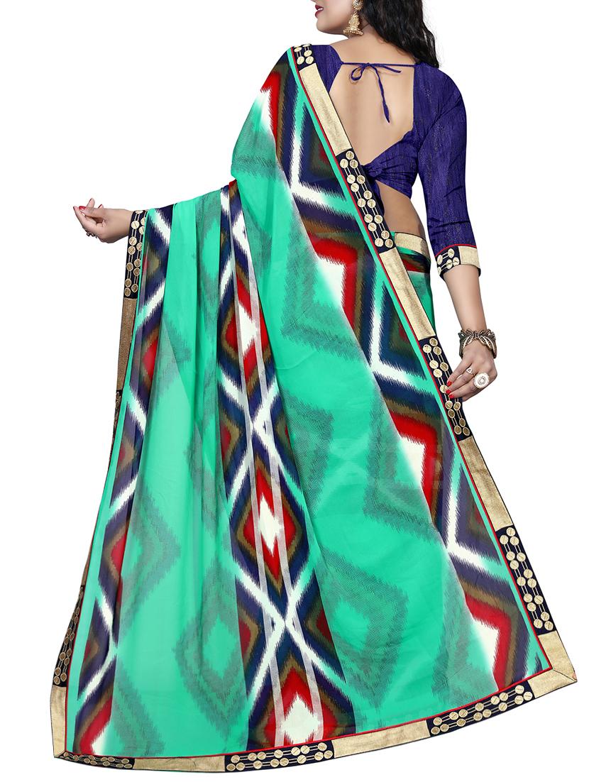 women's printed turquoise colored saree with blouse - 15300506 - Standard Image - 1