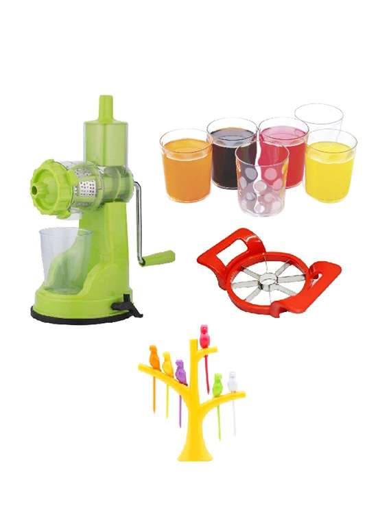 combo 1 pc apple cutter + 1 pc fruit fork spoon + 1 pc juicer primier vegetable and fruit + 6 pcs magic glass for milk
