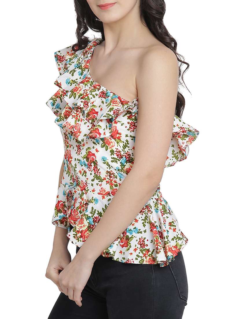 floral ruffled single shoulder top - 15301131 -  Standard Image - 1