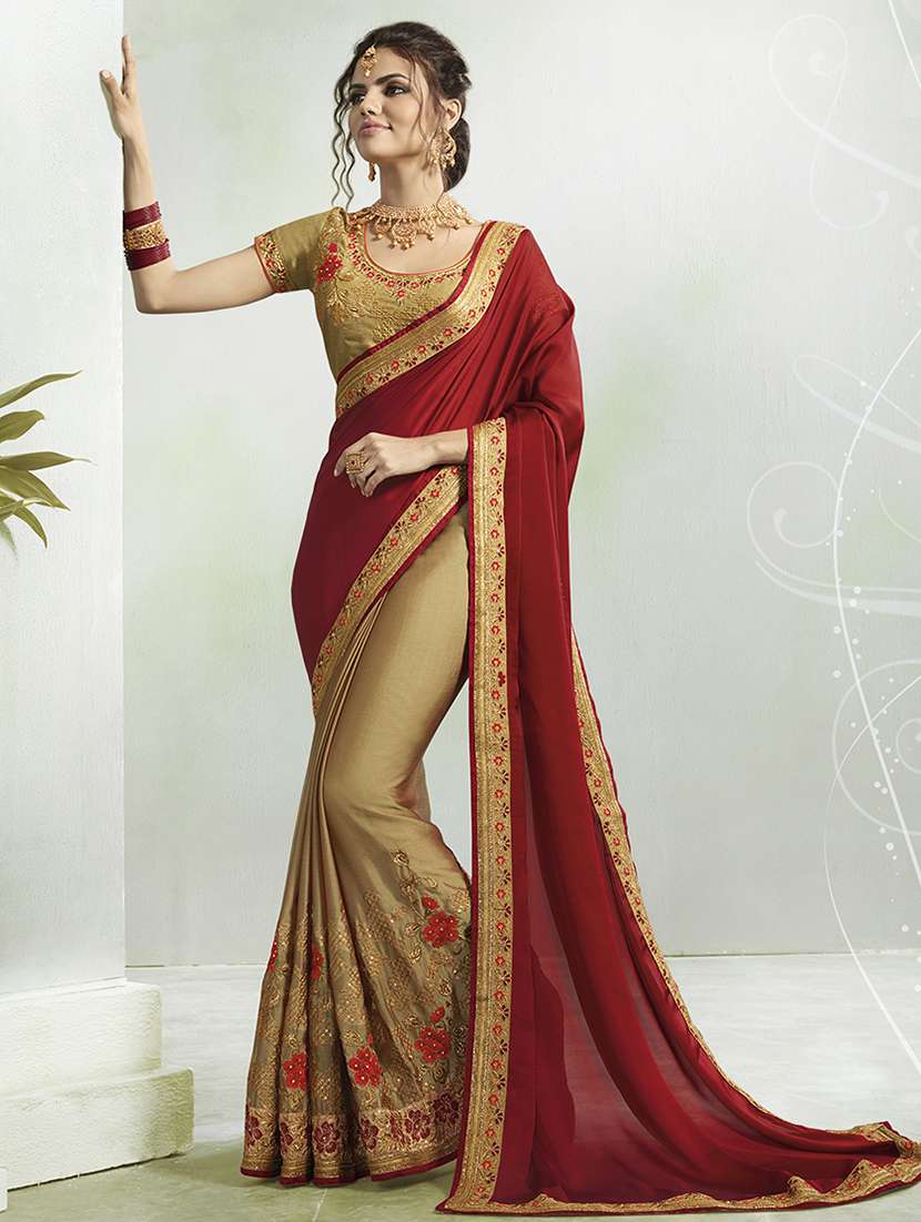 maroon half & half embroidered saree with blouse