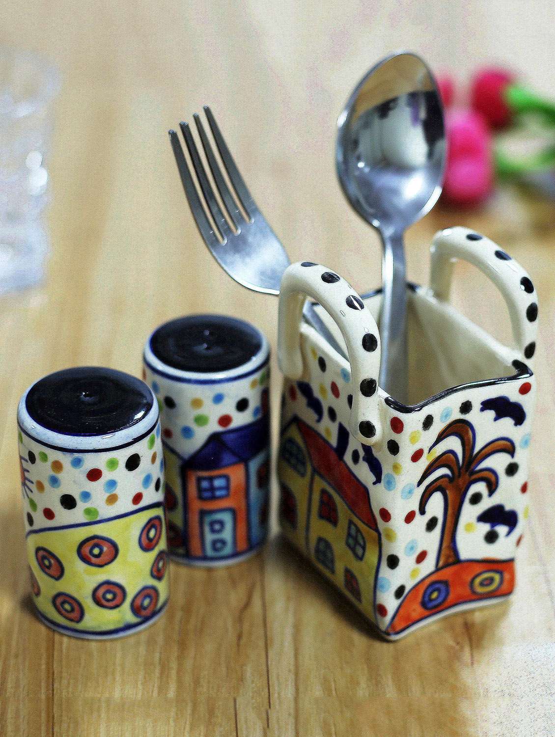 ceramic salt n pepper dispensers and cutlery holder set - handpainted in multi color rustic art - set of 3