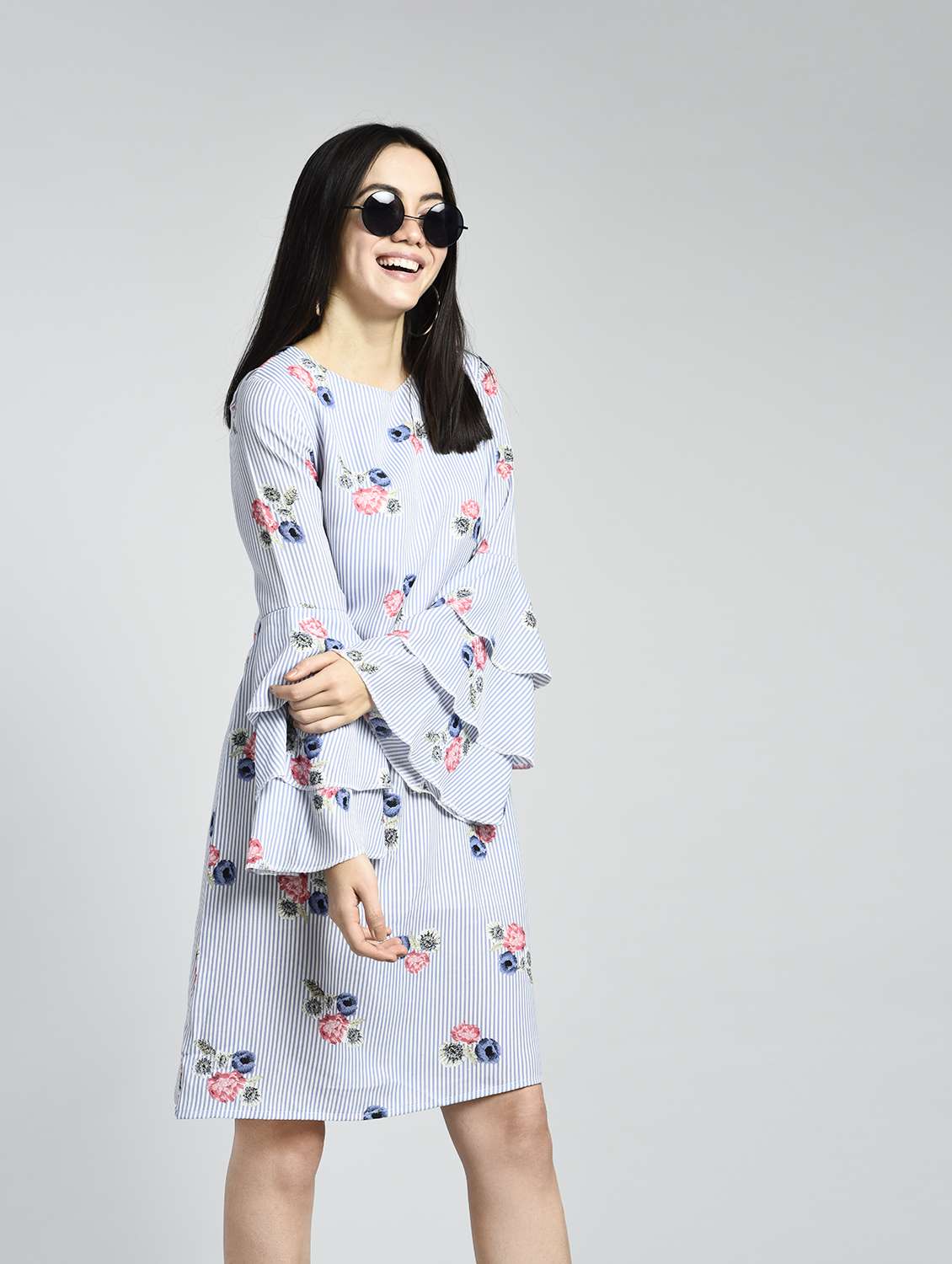 layered bell sleeved floral shift dress