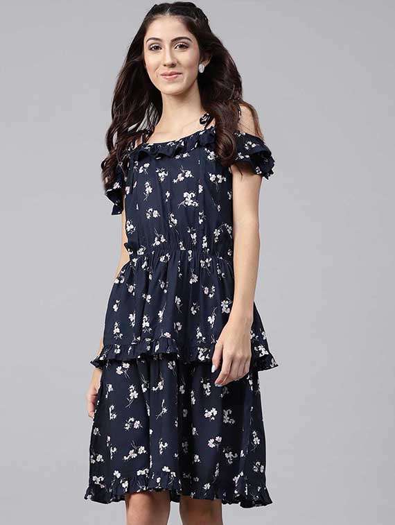 cold shoulder floral ruffled dress